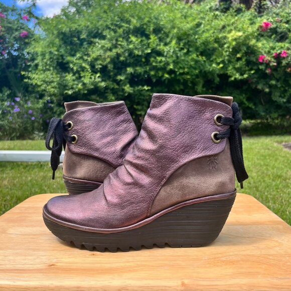 Fly London Yama Metallic Suede Leather Wedge Ankle Booties Size 40 / US 9-9.5 - Picture 1 of 10